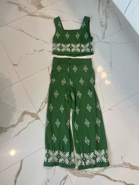 Haute Hippie Green Embroidered Crop Top & Wide-Leg Pants Set